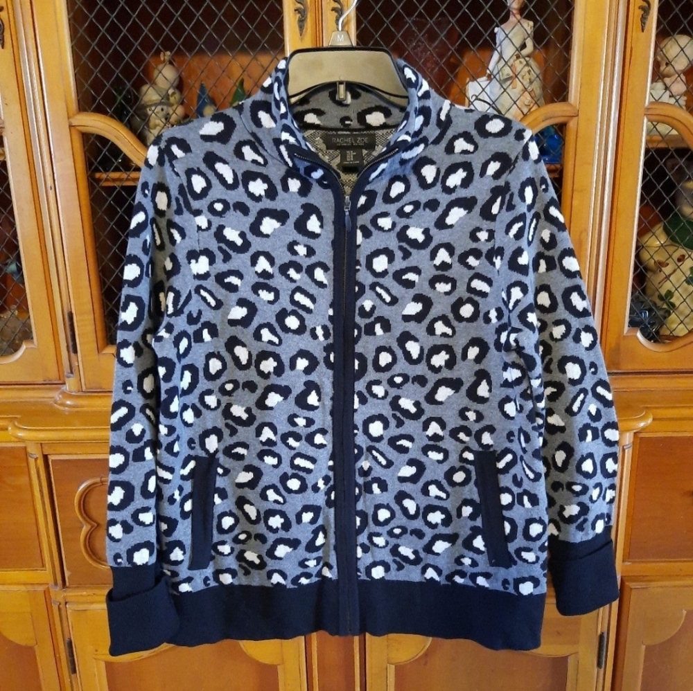 Rachel Zoe Cheetah Animal Print Zip Sweater Blazer Jacket Black White Gray Sz M